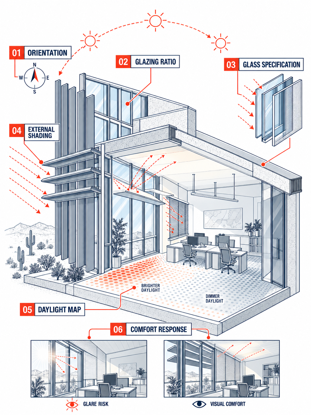 Detailed isometric line illustration of daylight & comfort