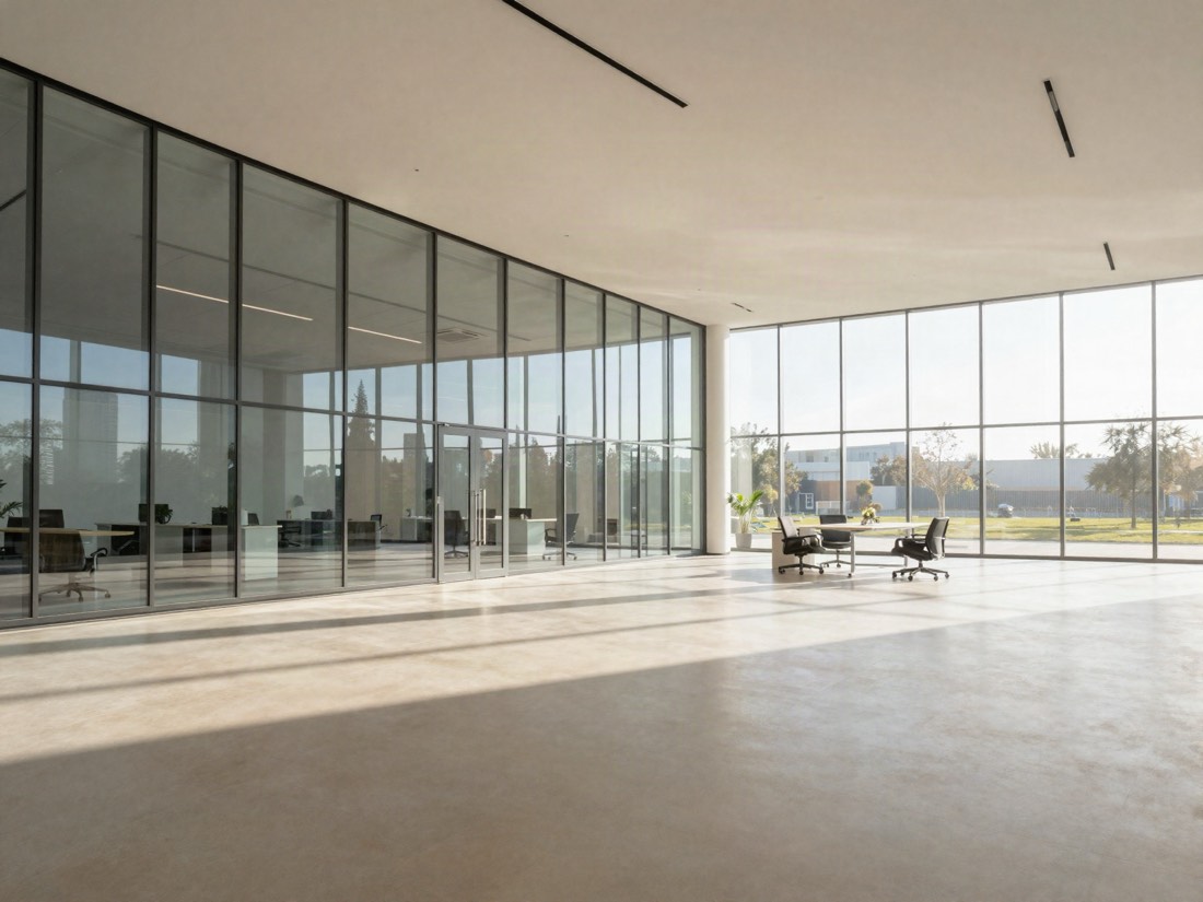 Bright open-plan office interior; reference imagery, not an OKELIS project